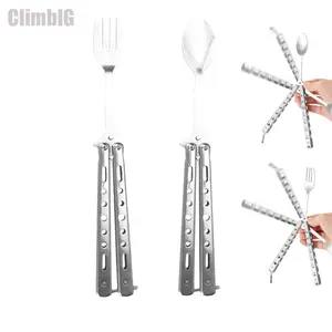 Tactical Butterfly Fork Spoon 2 in 1, Stainless Steel Balisong Trainer Cutlery, EDC Pocket Multitool, Hunting Camping Survival Gear & Outdoor BBQ Supplies