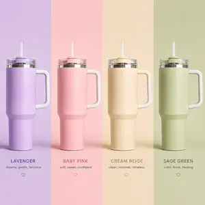 40oz Tumbler With Handle, Matte Neutral Pastel Solid Color Insulated Stainless Steel Travel Mug, 12H Cold 6H Hot Leakproof Straw Cup, Lavender Pink Beige Sage Green Multi Color Options for Road Trip Gym Office Daily