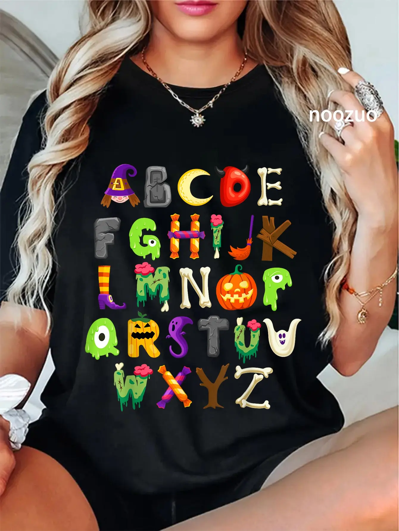 Women's 100% Cotton Casual Vintage Graphic T-Shirt - Crewneck, Unisex ABC Learning, Kindergarten Teacher Funny Halloween Alphabet Clothes, Everyday Wear