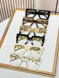 6pcs Women's PC Square Full Frame Mirror, Wide Border Design, Chain Leg Decorations, Fashion Accessory for Stylish, Square Frame Eyeglasses, Must Have Glasses