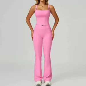 Santanastyles Pink / Noir Power Set - Premium Polyamide & Elastane Stretchy Tank Top & High-Waisted Flared Leggings for Yoga Running Gym Sessions or Lounging