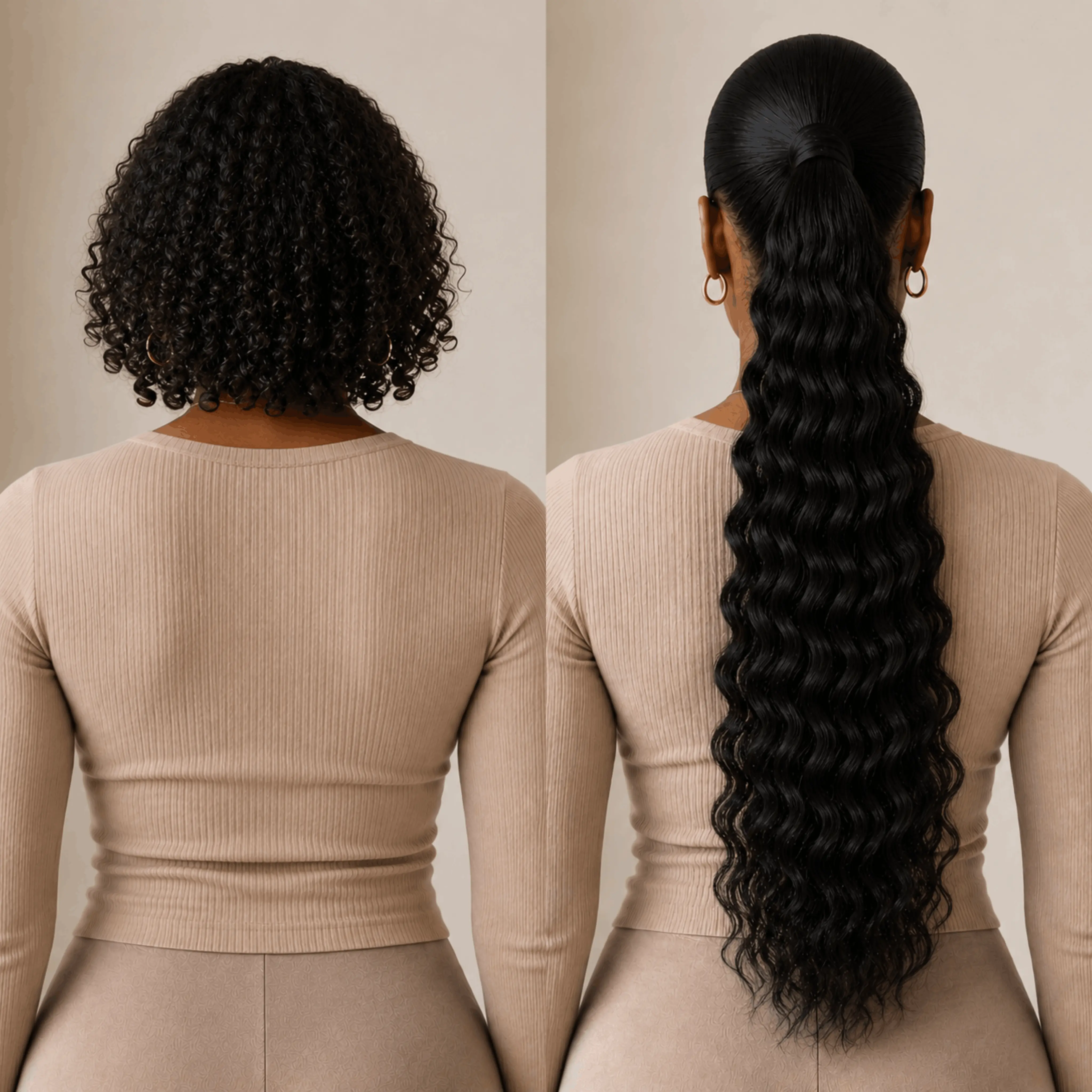 Rich Black Deep Wave Premium Drawstring Ponytail Extension