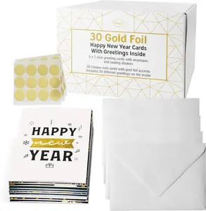 Dessie Boxed Happy New Year Cards - 30 Luxurious Large 5x7 inch Greeting Cards in Vibrant Colors with Gold Foil Accents Short Greetings Inside Envelopes Included