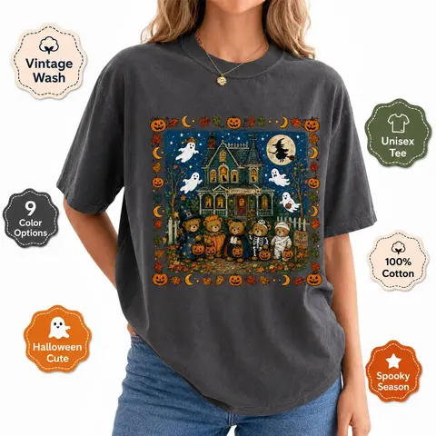 ChicCotton Vintage 90s Bears Halloween Shirt, Trick or Treat Bears T-shirt, Haunted House Graphic Tee, Pumpkin Lover Gift Clothing