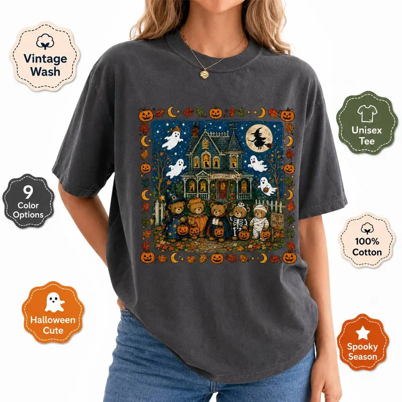 ChicCotton Vintage 90s Bears Halloween Shirt, Trick or Treat Bears T-shirt, Haunted House Graphic Tee, Pumpkin Lover Gift Clothing