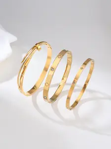 3 Stylish 18K Gold-Plated Stainless Steel Women's Bracelets | Stud Bracelet, Rhinestone-Embellished Four-Leaf Clover Design Gold Bracelet | Jewelry for Everyday Wear and Special Occasions | Exquisite Jewelry Gifts