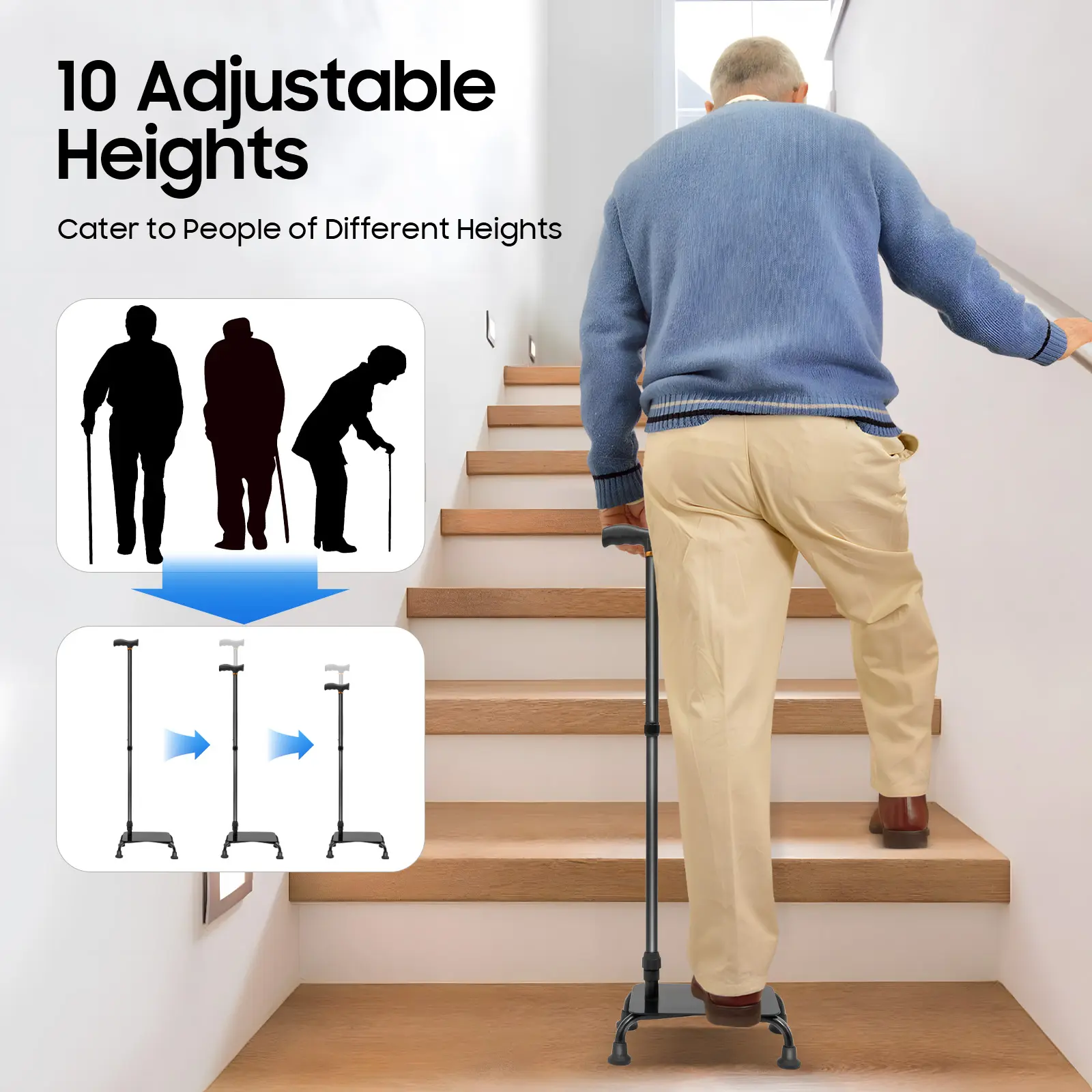 CNCEST Stair Climbing Assist Cane 85-105cm Adjustable Walking Stick with 10 Heights for Elderly & Mobility Issues No Warranty