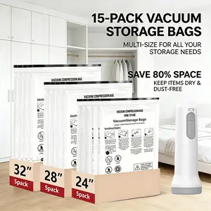 Vacuum Storage Bags, 3 Sizes, 80% Compression Vacuum-Sealed Space-Saving Plastic Storage Bags, Suitable for Clothes, Blankets, Pillows, Bedding, Quilts, and Vacuum Sealing Machines for Clothing Storage, 15 Pack
