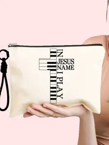 Cosmetic Travel Bag Set, Canvas Makeup Pouch with Detachable Wrist Strap, Large Capacity, Ideal Gift for Piano Players and Christians