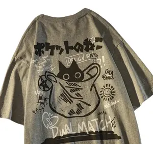 Oversized Cat Print T-Shirts, Harajuku, Cartoon Cat Tshirt, Short-Sleeved Tee, Japanese Streetwear, Y2K Top, Casual Tshirt