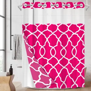 1pc hookless shower curtain with buckle lining, rose red halal geometric pattern design, 2D flat printing, fabric waterproof lining, see-through double-layer shower curtain, 71 x 74 inches, modern home draping curtain.