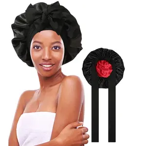 Double-Layer Solid Satin Bonnet Sleep Cap Adjustable Bonnets for Women Braids Curly Hair Natural Hair Wrap for Night Sleeping Cap with Tie Band