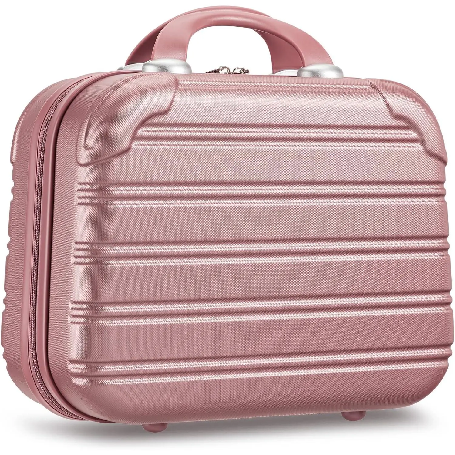 14in Hard Shell Makeup Travel Case, Portable Cosmetic Train Case with Elastic Band, Pressure-proof ABS Carrying Makeup Suitcase, Cosmetic Travel Hand Luggage Bag Organizer - Rose Gold
