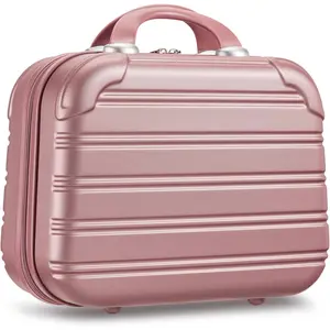14in Hard Shell Makeup Travel Case, Portable Cosmetic Train Case with Elastic Band, Pressure-proof ABS Carrying Makeup Suitcase, Cosmetic Travel Hand Luggage Bag Organizer - Rose Gold