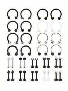 U-shaped Nose Ring, Spiral Nose Ring & Double Ball Lip Nail As Gift for Couple, 36pcs Stainless Steel Nose Rings, Lip Rings, Earrings, Body Piercing Jewelry for Men & Women