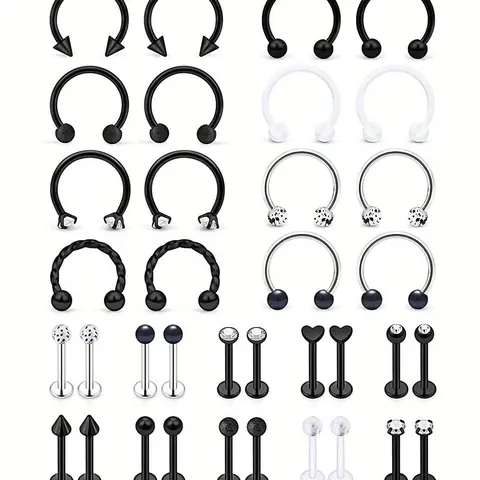 U-shaped Nose Ring & Double Ball Lip Nail As Gift for Couple, 36pcs Stainless Steel Nose Rings, Lip Rings, Earrings, Body Piercing Jewelry for Men & Women, Body Piercings Set