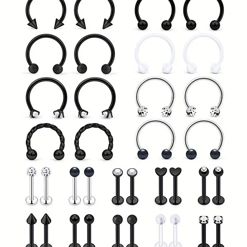 U-shaped Nose Ring & Double Ball Lip Nail As Gift for Couple, 36pcs Stainless Steel Nose Rings, Lip Rings, Earrings, Body Piercing Jewelry for Men & Women, Body Piercings Set