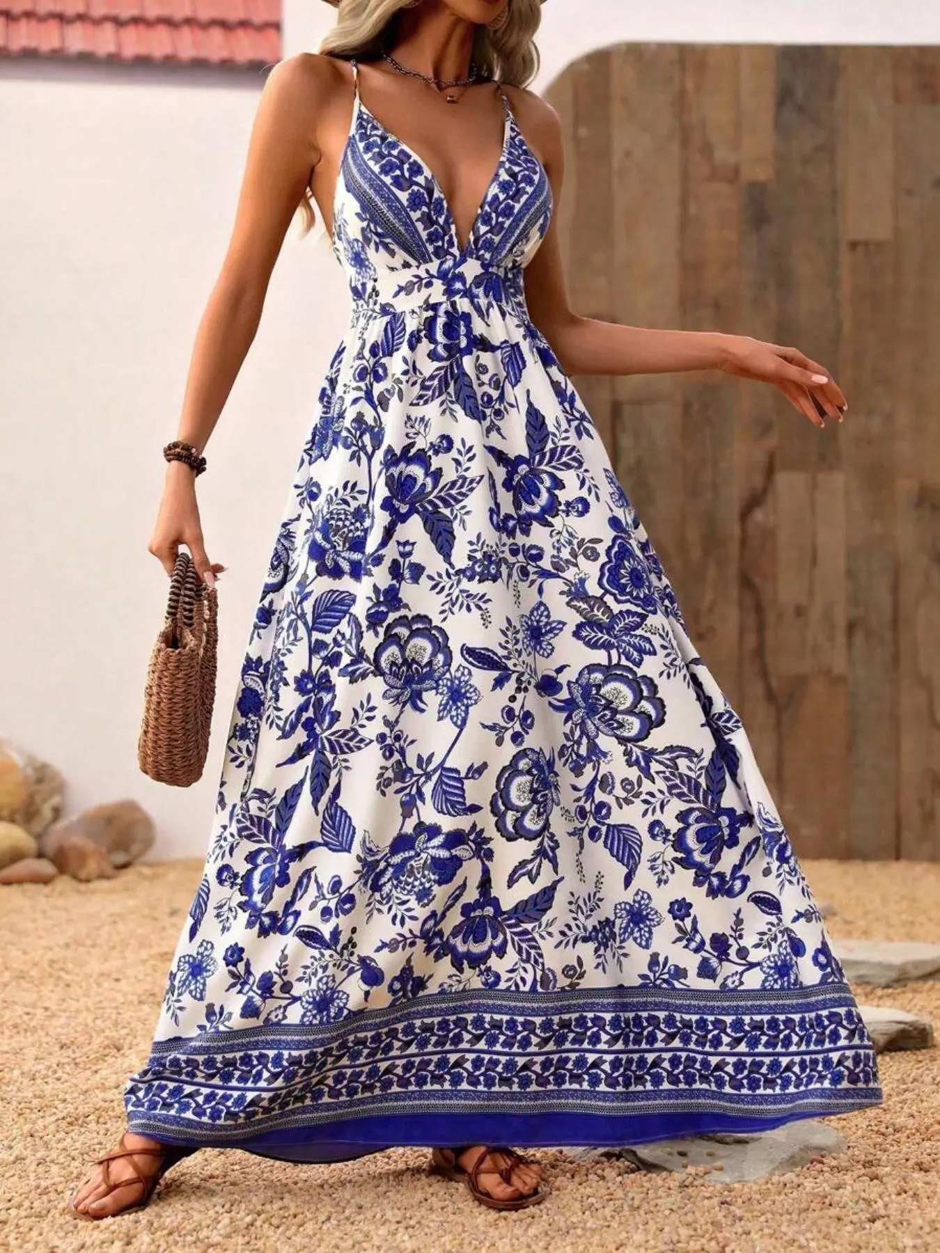 Women's Floral Print   Cami Dress, Boho Style Sleeveless Spaghetti Strap Dress for Beach Holiday Vacation, Ladies Summer Clothes Bohemian, Casual Boho Elegant, Bohemian Sun Dress, Bohemian Romantic Dress