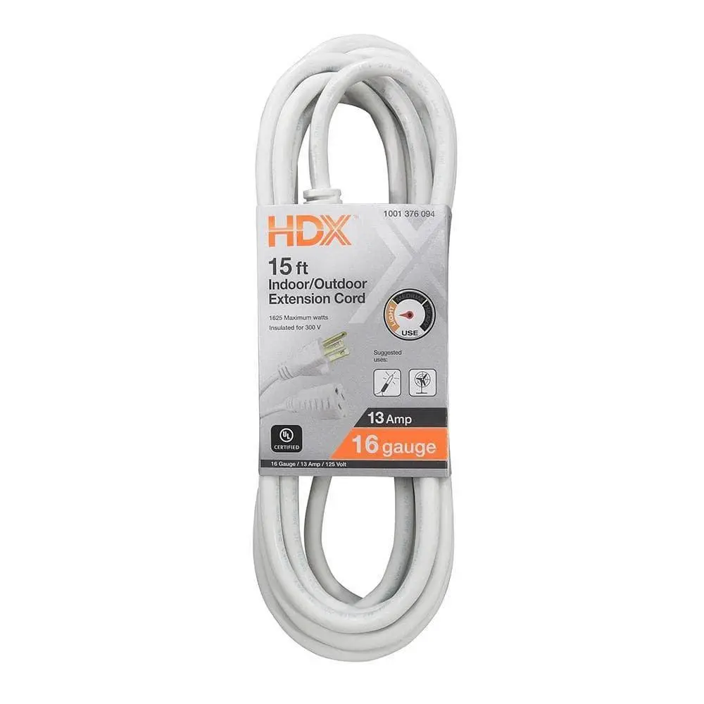 White 15 ft. 16/3 Light Duty Indoor/Outdoor Extension Cord, Suitable for Various Applications