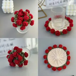 DIY Handmade Crocheted Mini Potted Bouquet Coaster Roses & Lily of the Valley Insulation Protection Compact Lightweight Versatile Use Heartfelt Quality Christmas Gifts