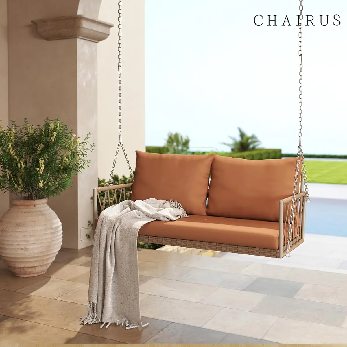 CHAIRUS Modern Patio Porch Swing, Swing Bed for Outside, Hanging Sofa Swings with Hand Woven Rope & Cushion, Front Porch Swings with PE Rattan, Outdoor Hanging Bench Swings, Brown