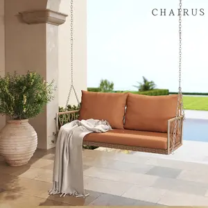 【Mother's Day Gifts】CHAIRUS Modern Patio Porch Swing, Swing Bed for Outside, Hanging Sofa Swings with Hand Woven Rope & Cushion, Front Porch Swings with PE Rattan, Outdoor Hanging Bench Swings, Brown outdoorfun