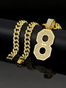 Hiphop Style Lucky Number 8 Zircon Pendant Necklace, Anniversary Necklace, Alloy Cuban Chain, Cuban Link Design, Street Trend Artisan Jewelry, Fashionable Personalized Accessory
