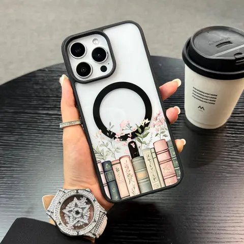 Magnetic Floral Bookshelf Phone case for iPhone Galaxy 18Pro Max 17 Air 16Plus 15 14 13 12 11 XR XS S25 S24 S23 S22 cases, Drop-Proof, MagSafe Compatible,Shockproof Anti-Drop Phone Case,  Perfect for Teen Girls.JL41