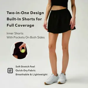 RRIVE 2 in 1 High Waisted Tennis Skirt Skort with Built-In Shorts and Pockets Flowy A-Line Fit Elastic Waist Summer Bottoms for Travel Gym Casual Activewear