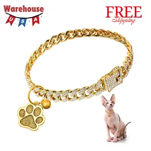 Cat Collar Diamond Chain Glitter Collar Walking Metal (8 Inch,Gold)