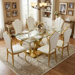 7 Piece Modern Luxury Dining Table Set, Elegant Rectangular Dining Room Combo Table with 6 White Soft PU Leather Seating, Clear Tempered Glass Surface & Premium Gold Stainless Steel Support Frame, Stylish Home Kitchen Dining Furniture
