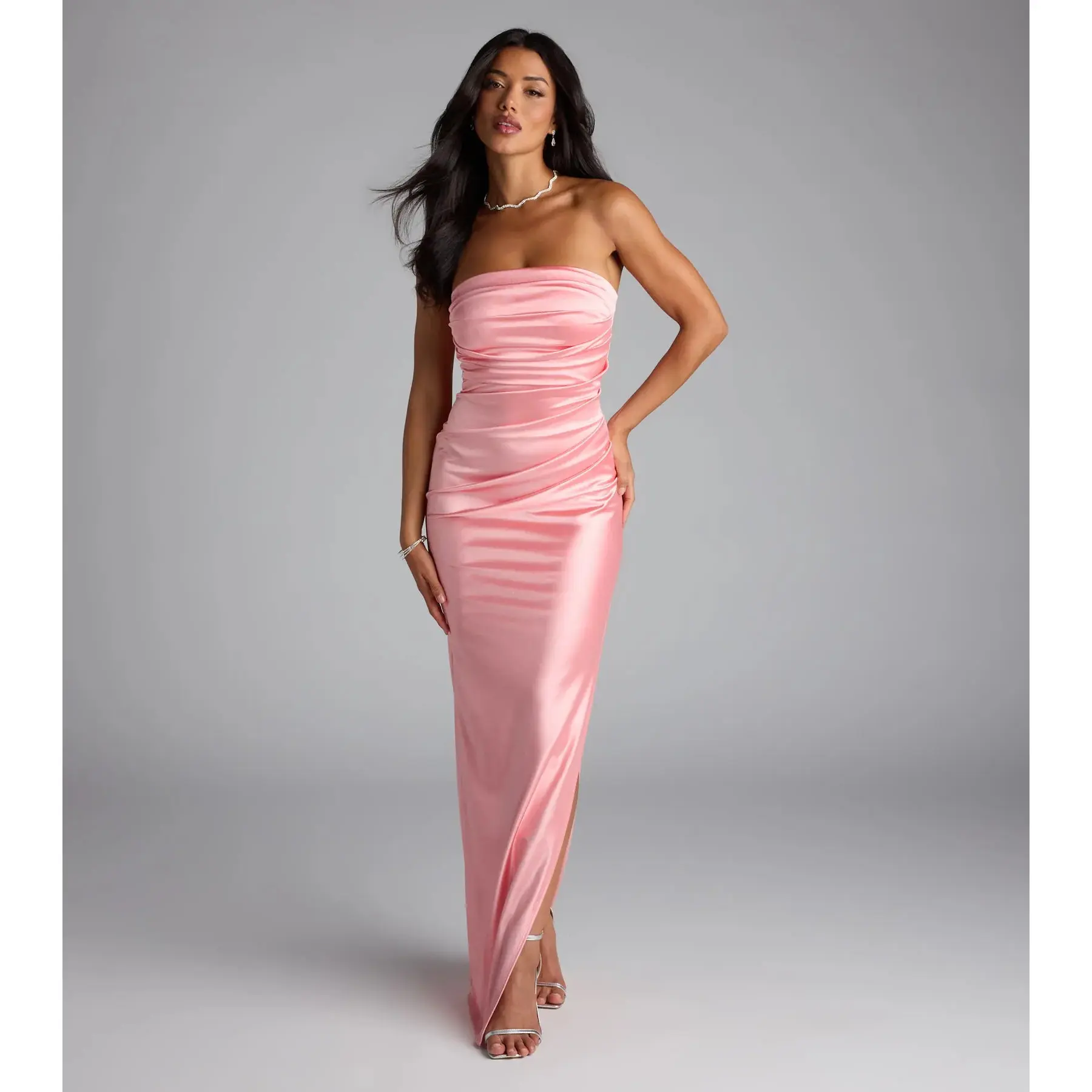 Brianna Satin Strapless High Slit Column Dress - TikTok Shop Brianna Satin Strapless High Slit Column Dress - TikTok Shop
