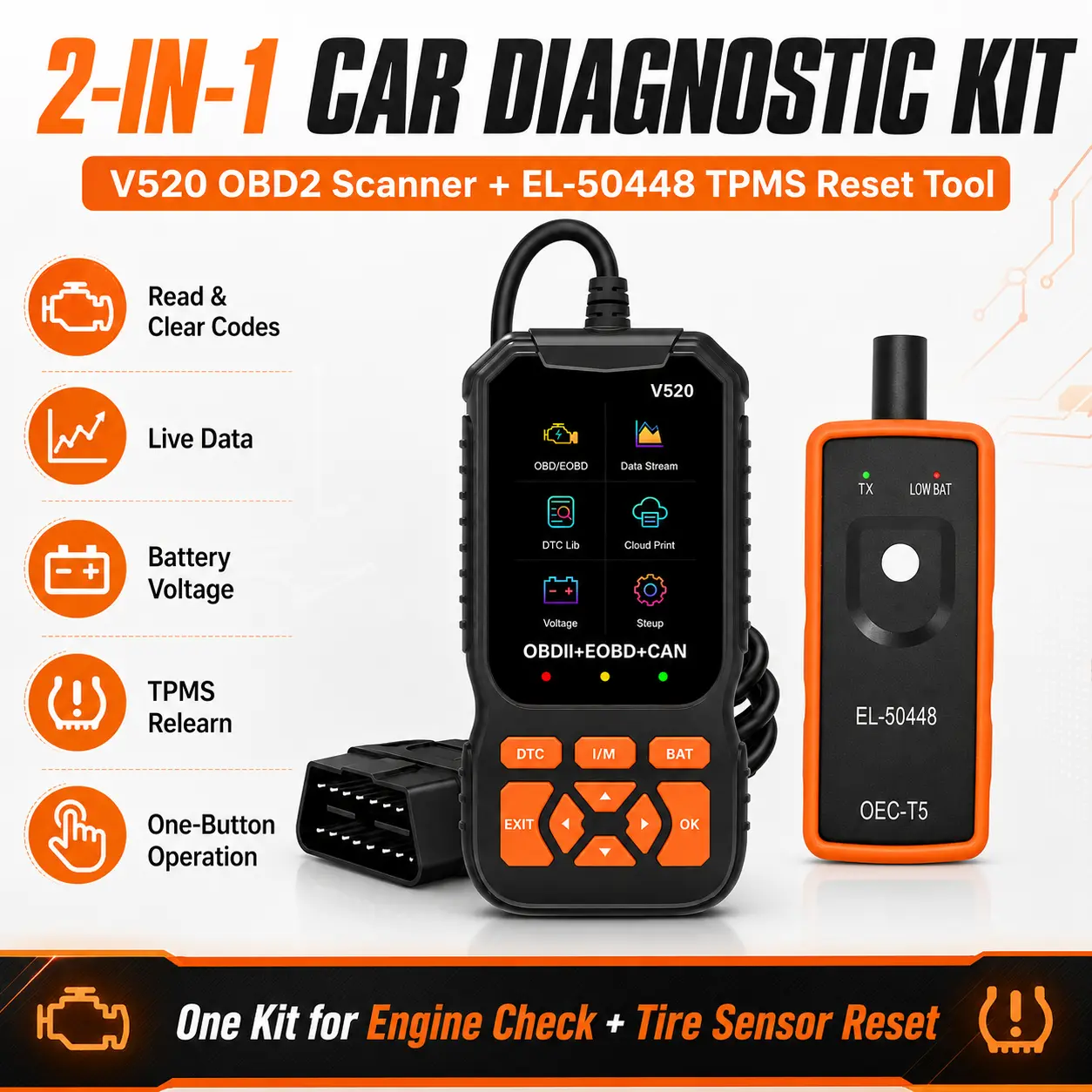 2-in-1 Car Diagnostic Kit, V520 OBD2 Scanner with EL-50448 TPMS Reset Tool, Engine Fault Code Reader, Live Data, DTC Library, and Battery Voltage Check