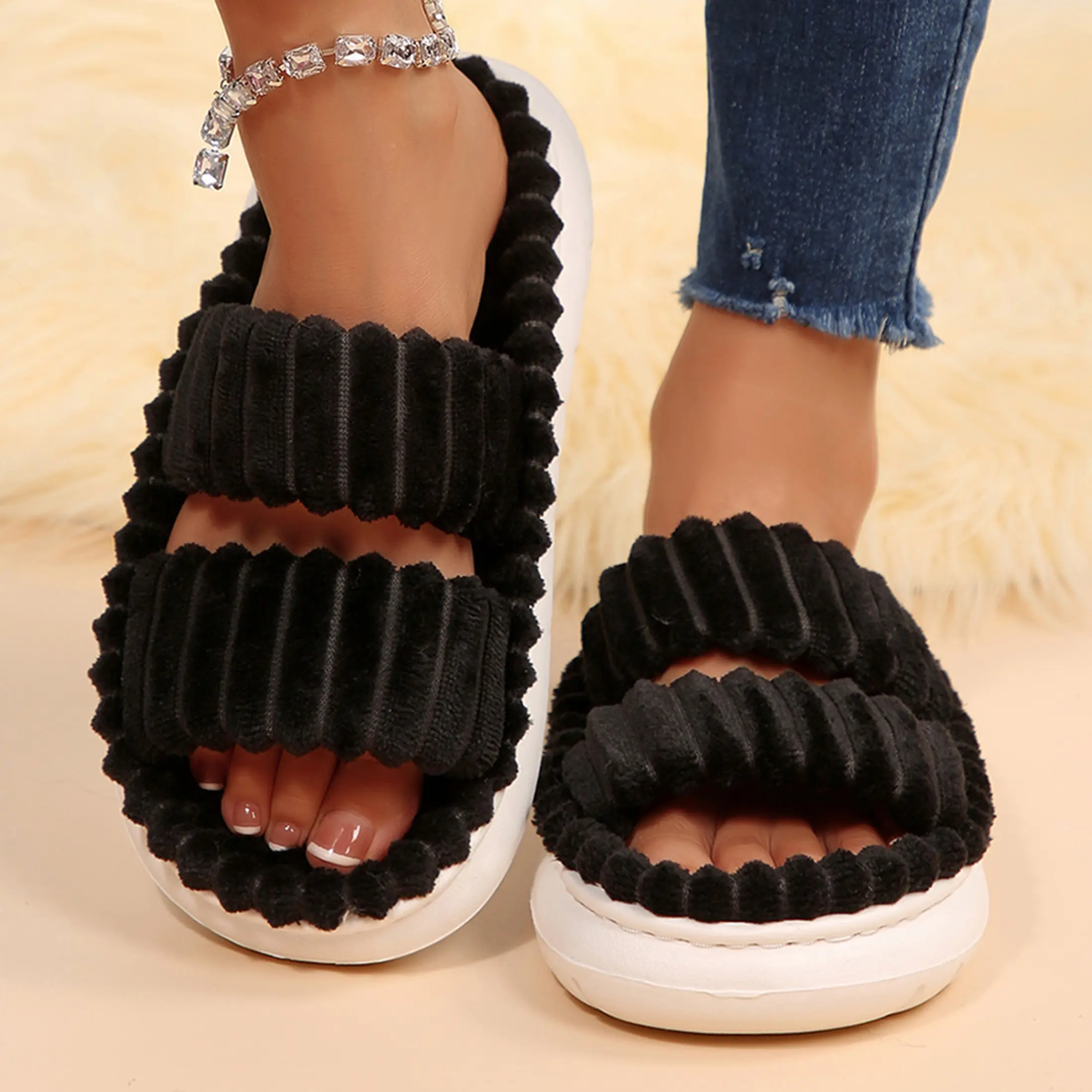 Women's Fluffy Double Strap Slippers - Plush Corduroy Platform Slides, Comfortable Indoor Outdoor House Shoes