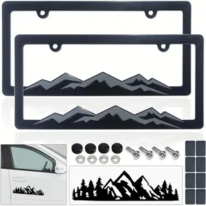 Mountain License Plate Frames- Gray on Black Mountain Raised, Plastic Car Tag Holder Bracket with Screws Caps, 2 Packs 2 Hole with Mountain Vinyl Sticker
