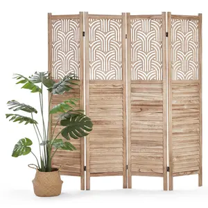 GARVEE 4 Panel Room Divider - 67 Inch Tall Decorative Wooden Privacy Screen with Cutout Design, Freestanding and Foldable Room Partition for Bedroom, Living Room, or Office in Natural Finish