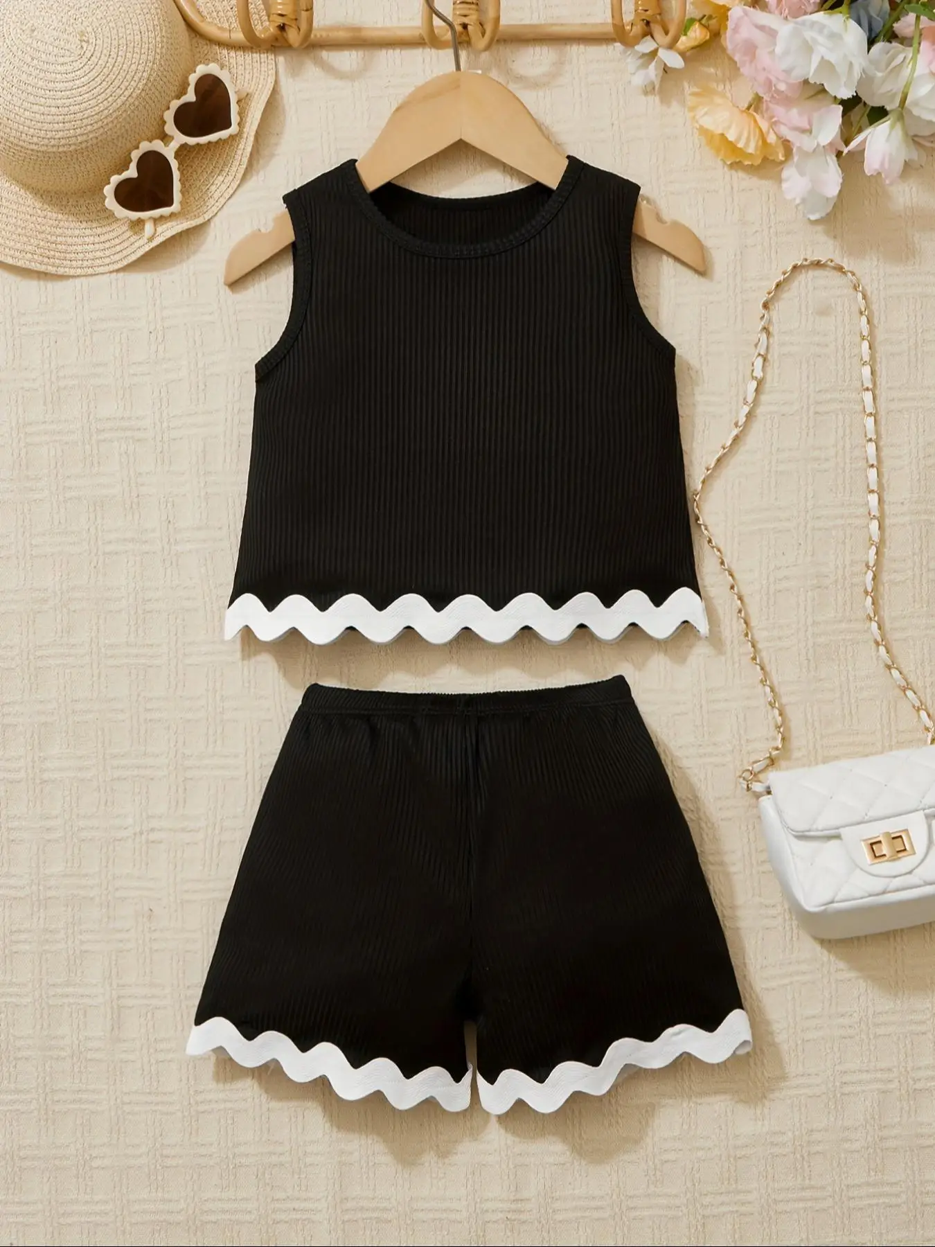 Two-Piece Set Girl's Contrast Binding Tank Top & Shorts Set, Casual Sleeveless Top & Shorts for Summer, Kids Clothes for Daily Wear