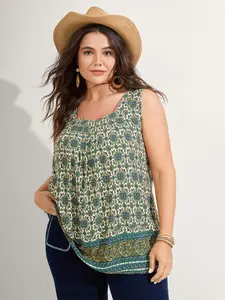 【Easter's Haul】【Arm Freedom】BlOOMCHIC Plus Floral Print Pleated Neckline Casual Tank Top - Dark Blue, Teal 2 Sleeveless Fitted Bohemian Summer Women's Top