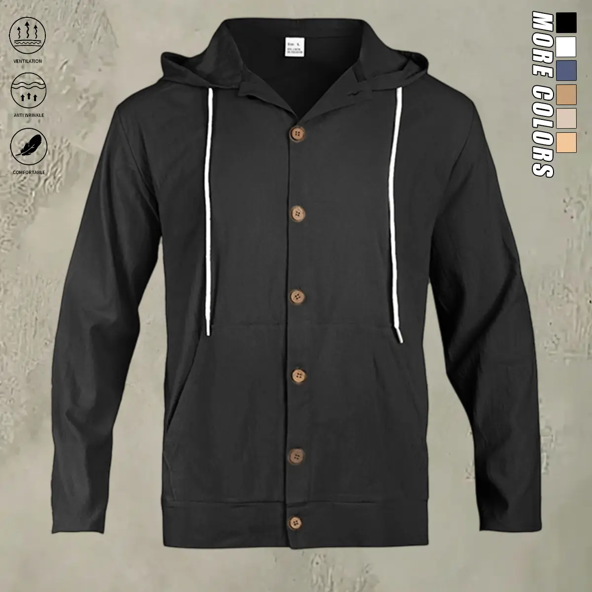 Menswear Plain Linen Blend Hooded Shirt, Casual Long Sleeve Top with Button Front and Loose Fit for Outdoor Wear, Casual Basic, Hooded Neck, Stylish