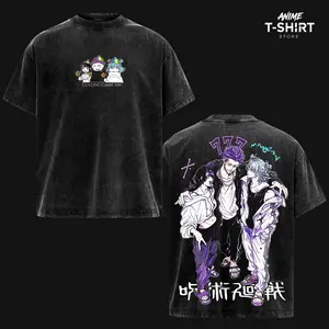 Jujutsu Kaisen Culling Game Trio T-Shirt – Kashimo Hajime, Hakari Kinji & Kirara Hoshi Vintage Washed Oversized Tee, Heavyweight Cotton Streetwear, Dark Anime Graphic Shirt, Unisex Relaxed Fit, Washed Black Aesthetic, Casual Daily Wear, Gift for JJK Fans