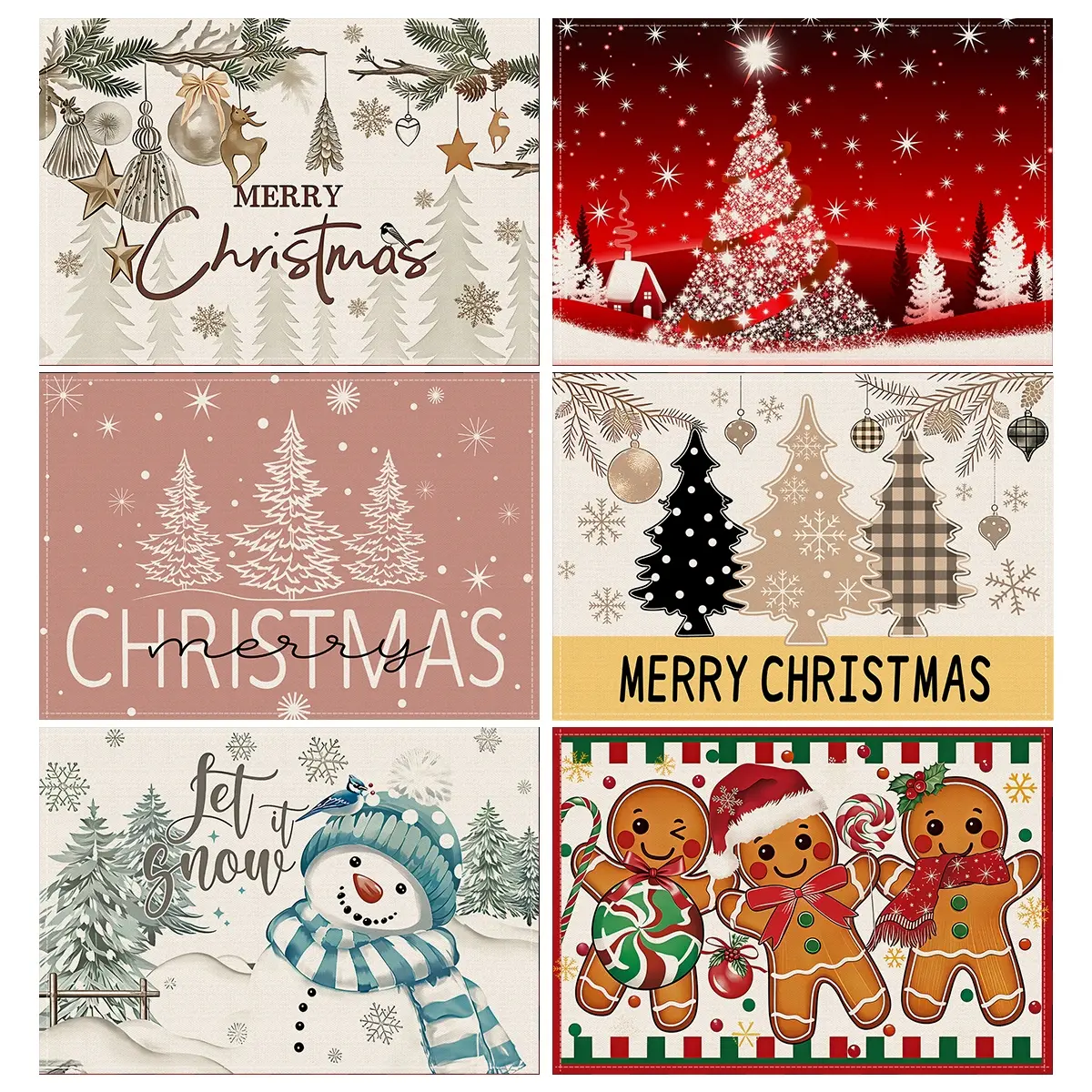 4/6pcs Christmas placemats, Christmas gingerbread man printed coasters, dining table anti slip insulation mats, snowflake Christmas tree decoration ball snowman pattern plate mats, winter dining table mats, party supplies, holiday decor, Kitchen Coasters