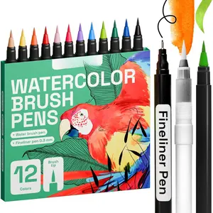 12 Watercolor Markers with Flexible  Brush Pens for Pros & Beginners - Consistent, Smooth, Bright, Washable, , Ideal for Coloring, Calligraphy, & Manga