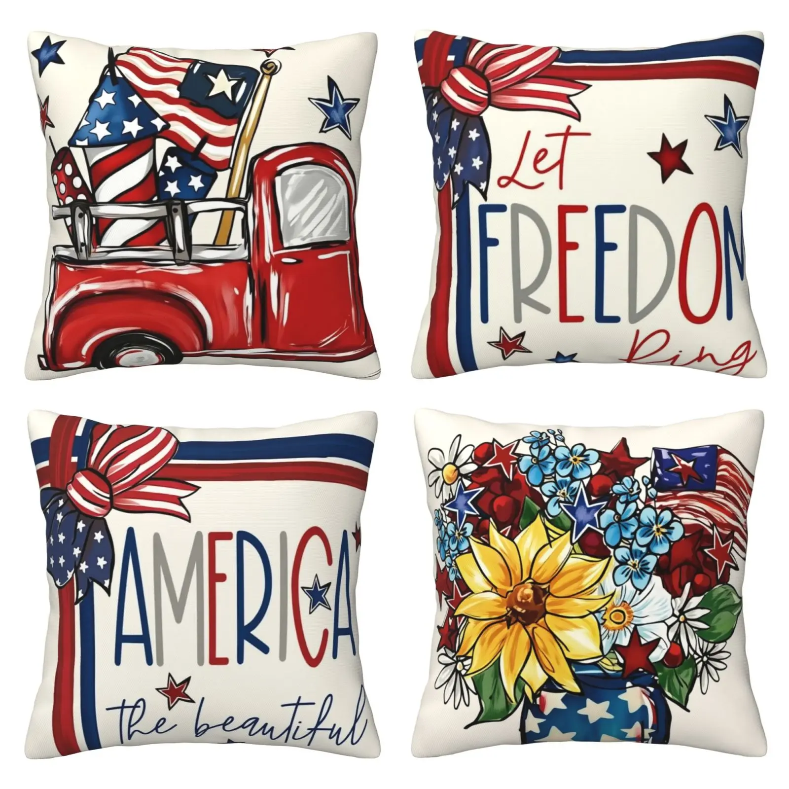 American Beautiful Voice of Freedom Pillowcase, Freedom Theme, July 4th Independence Day Patriotic Pillow Cover, Suitable for Sofa, 4-piece Set with Double sided Printing, Home Textile