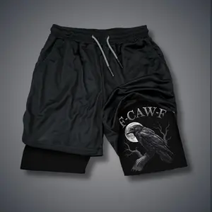 Viral Double-Layer Graphic Sports Shorts F-CAW-F Unisex Fit Streetwear Camo Black Athletic Shorts for Vacation Daily Outfits Menswear 80s 90s Oversized Singlet Muscle Shorts
