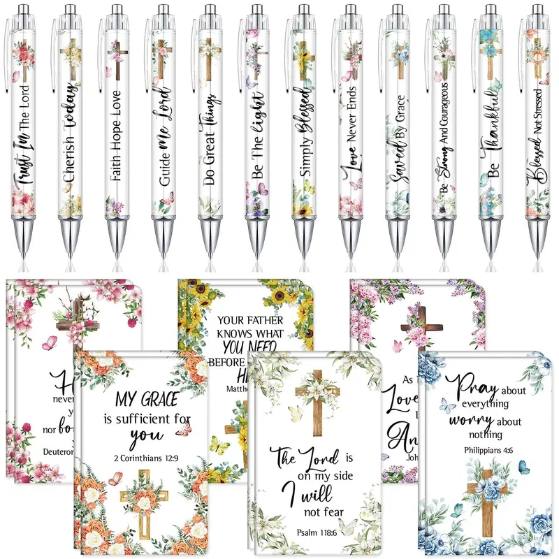 Gejoy Christian Gifts for Women with 12 Bible Verses Pens and 12 Pocket Notebooks Bible Study Supplies Inspirational Pens Religious Gift for Church for Sunday Preyer Study Group, Feast of the Holy Cross Gift for Christian Women Girls