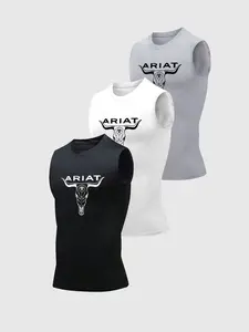 3-Piece Sports Tank Tops Set, Gym Training & Daily Wear, Bull Head Letter Print, Quick-Dry Breathable Stretch Fabric, Unisex
