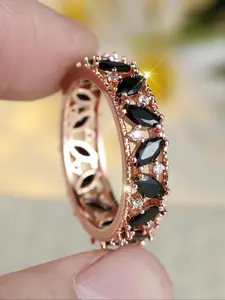 Black Marquise Black Cubic Zirconia Rose Gold Women's Engagement Ring, Fashion Jewelry for Party, Daily Clothing Decor, Trendy All-match & Exquisite Jewelry for Birthday Gift, Marquise Cut Ring