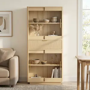 IRONCK Fluted Kitchen Storage Cabinet 69" Tall Modern Farmhouse with Sliding Glass Doors Drawer Adjustable Shelves Freestanding Cupboard for Kitchen Dining Room Living Room Oak Finish