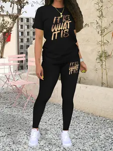 Women's Casual Sporty Two-Piece Set, Stretch Fabric Activewear, Fashion Print Short Sleeve Top + Tight Pants, Spring & Fall, Fitted Thin Fabric, Workout Set