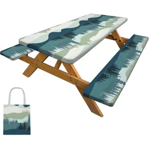 Picnic Table Cover with Bench Covers Waterproof Windproof Camping Tablecloth Set with Elastic Fit, Durable Outdoor Table Protector with Storage Bag for Picnic, BBQ, Camping & Travel Use